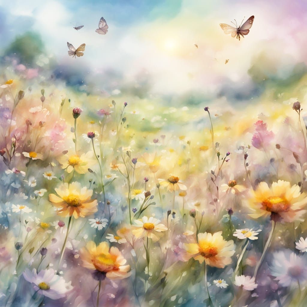 Whimsical Watercolor Field of Wildflowers with Butterflies