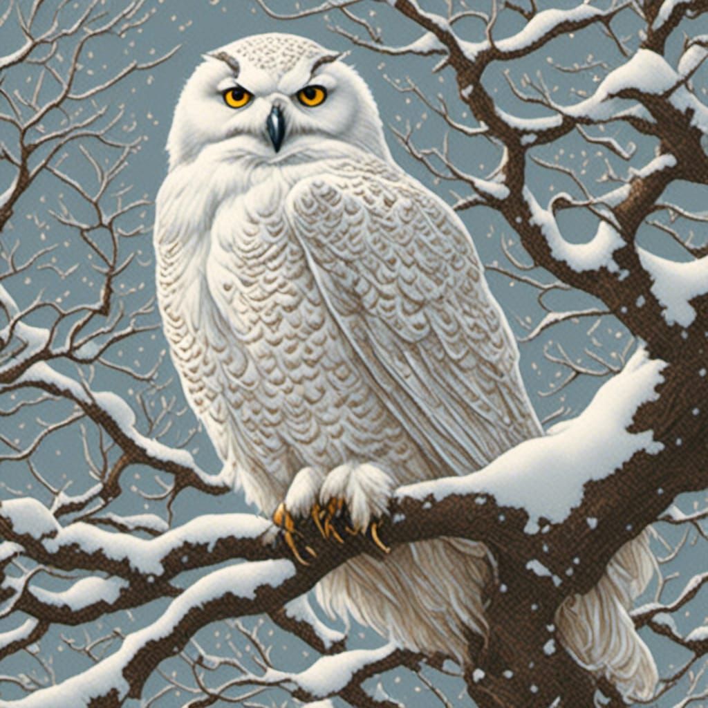Snowy Owl in Winter Tree Scene