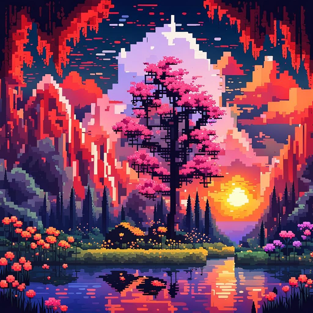 Pixelated Sunset Lake Scene with Lone Wanderer