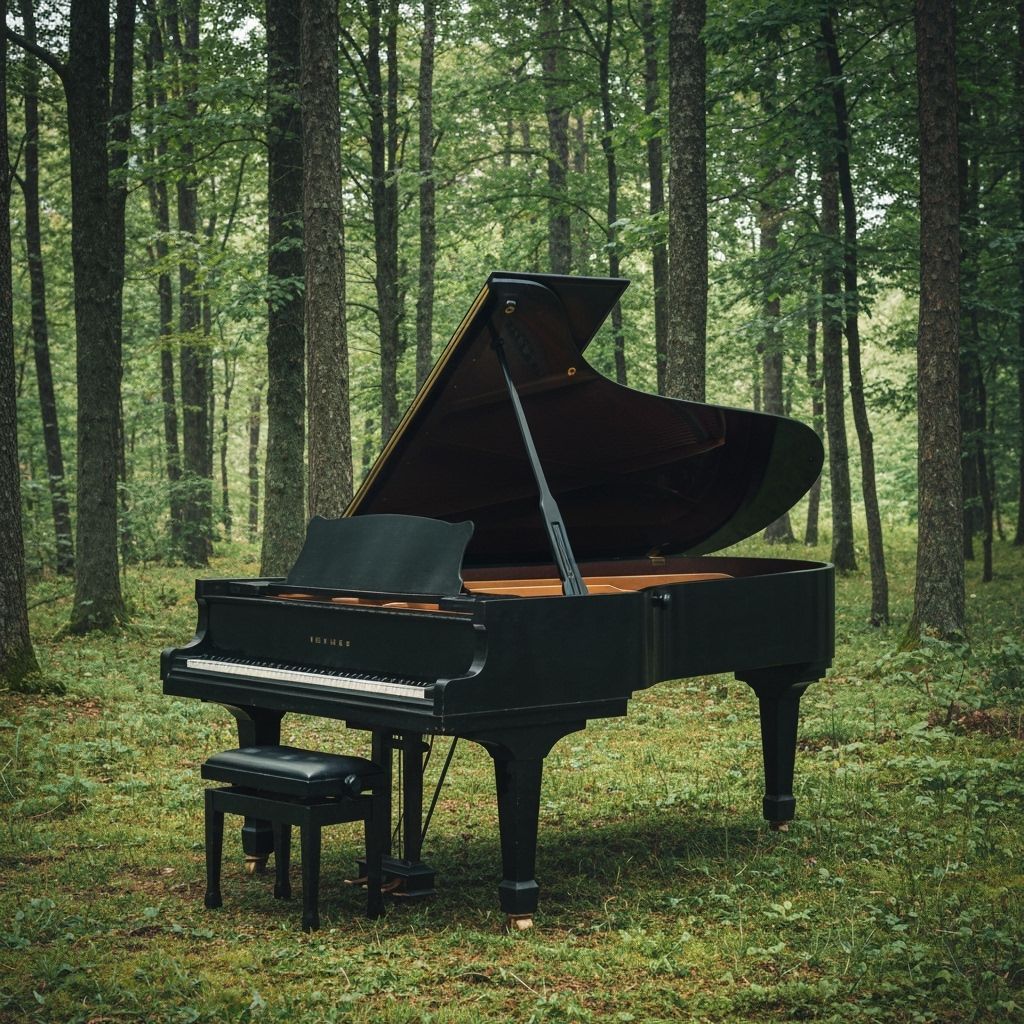 Grand Piano in a Lush Forest Setting