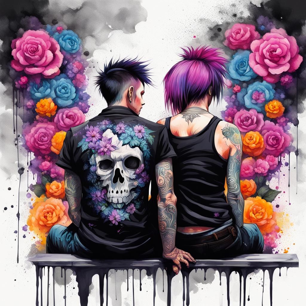 Gothic Couple Enjoying Spring in Graffiti Art Style