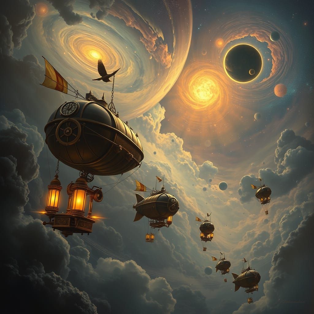 Steampunk Airships Navigate Cosmic Skies