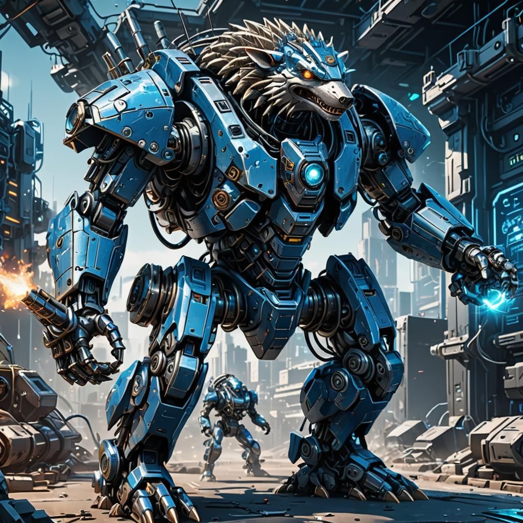 Cyberpunk Battle Hedgehog Mech Firing Rockets