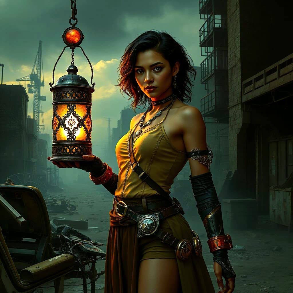 Cybernetic Latina Woman in Post-Apocalyptic City