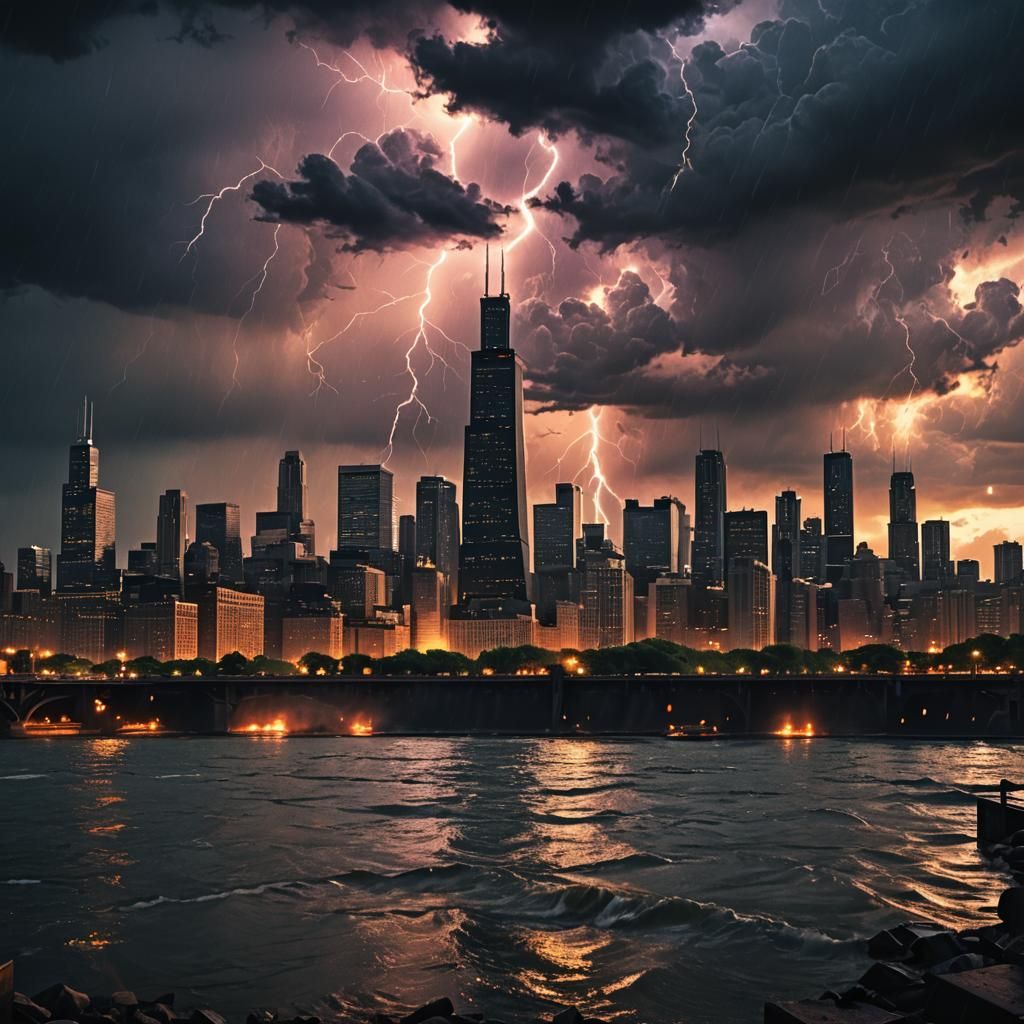 Chicago Skyline Silhouetted Against Stormy Sunset
