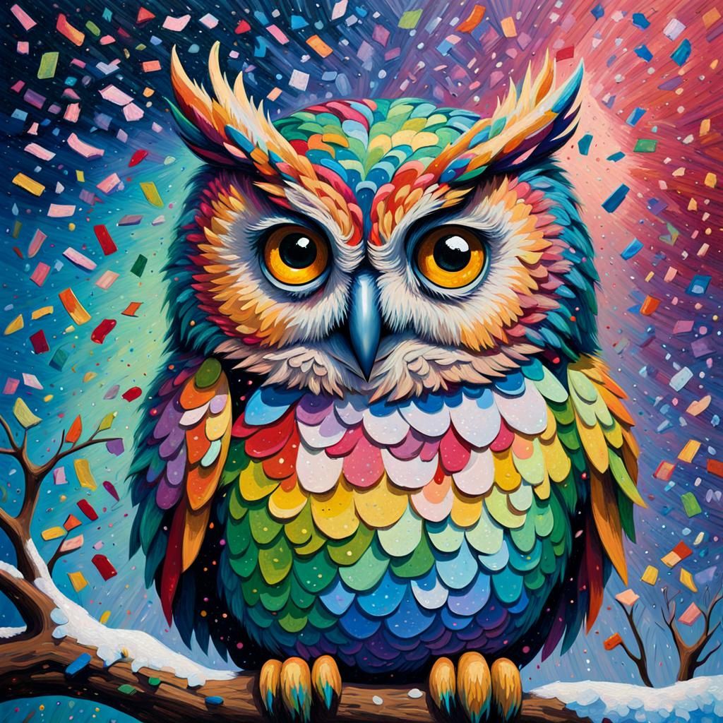 Confetti Owl in Rainbow Sparkle: Expressionist Oil Painting