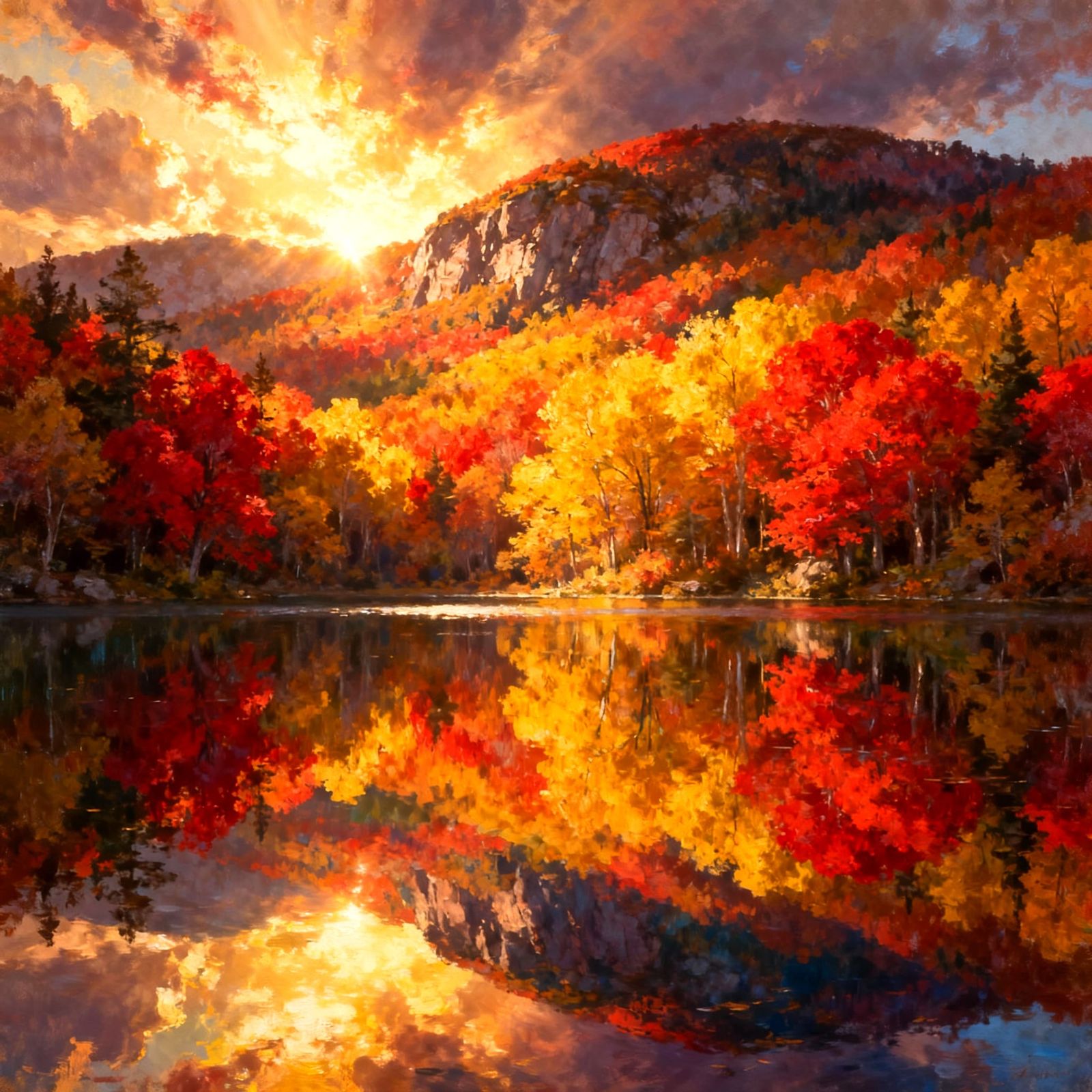 Vibrant Autumn Forest Mirrored in Crystal Lake