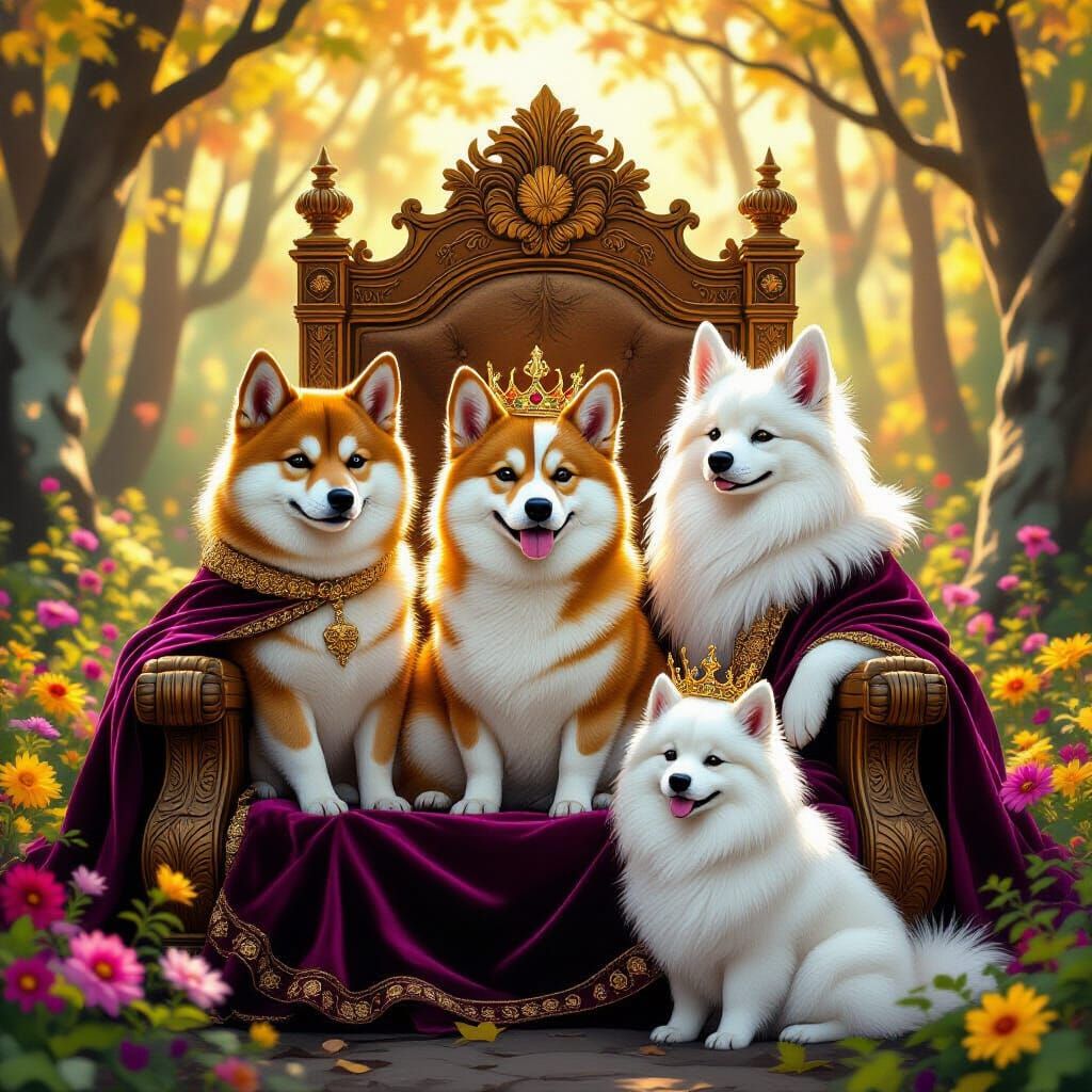 Regal Dogs on a Throne in Klimt Style