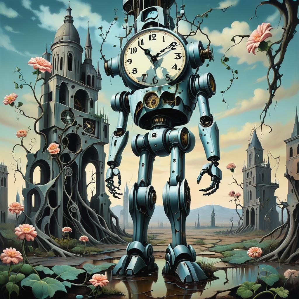 Surreal Robot in Cyberpunk-Inspired Oil Painting