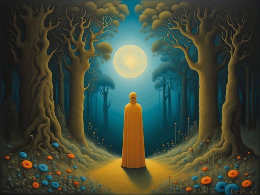 Moonlit Wanderer in a Dreamlike Forest Cathedral