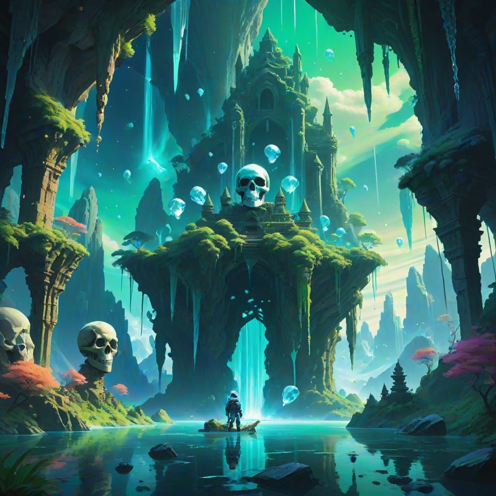 Lonely Astronaut With Skull Amidst Crystal Islands