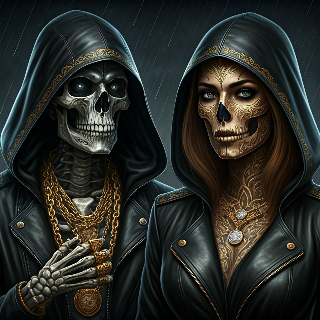 Skeleton and Woman Portraits with Gold Accents in Rainy Nigh...