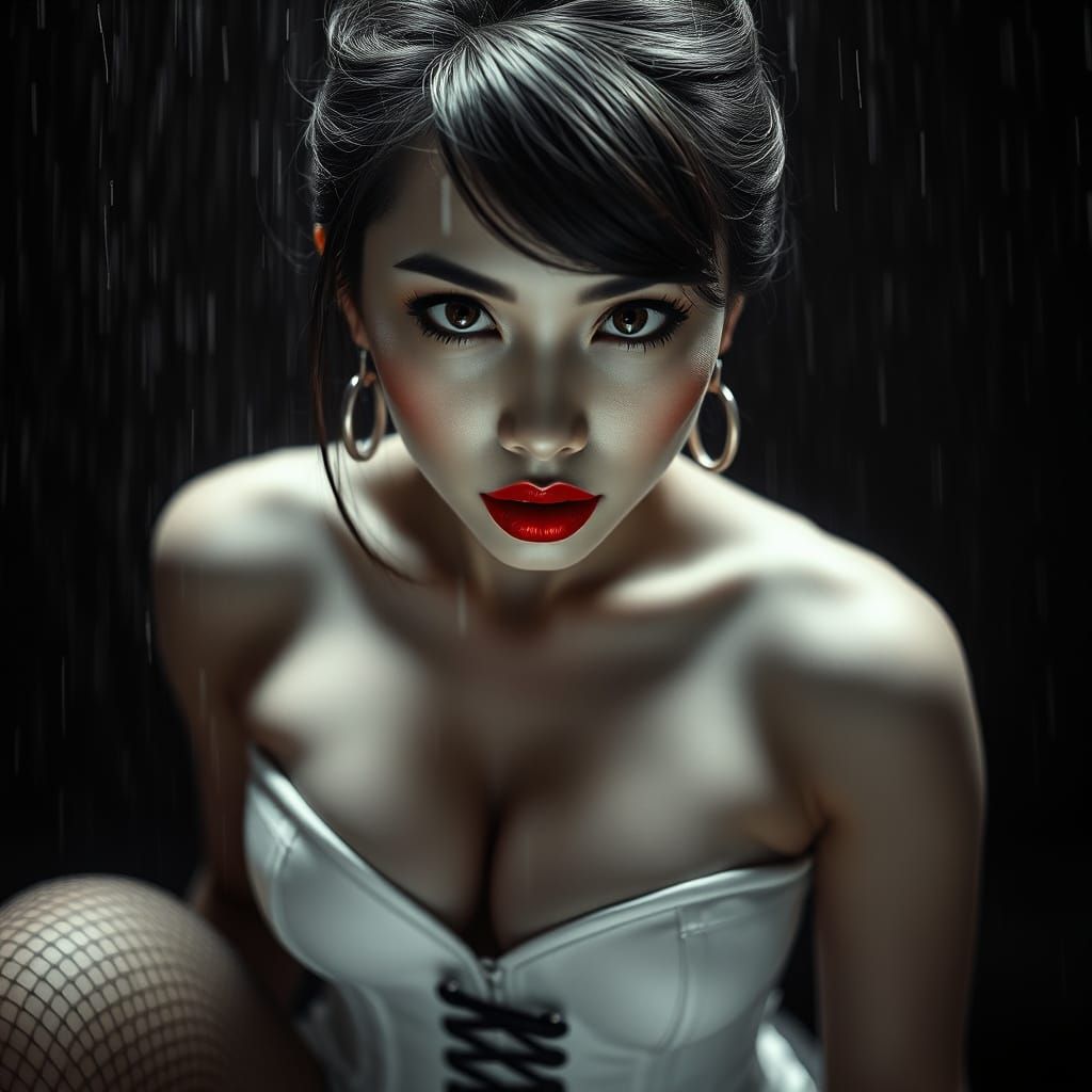 Chinese Woman With Red Lips in B&W Photo