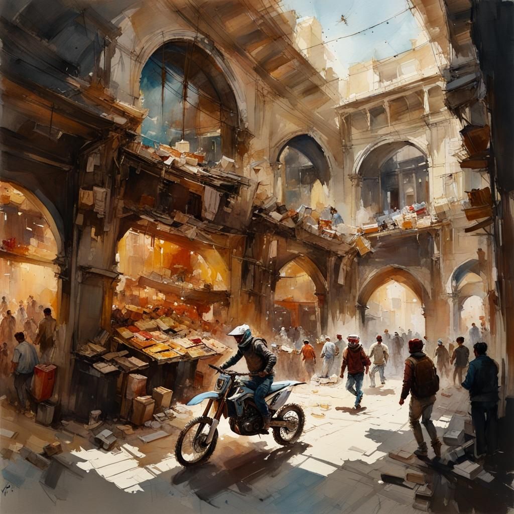 Dirt Bike Roost in Turkish Bazaar: Watercolor Painting