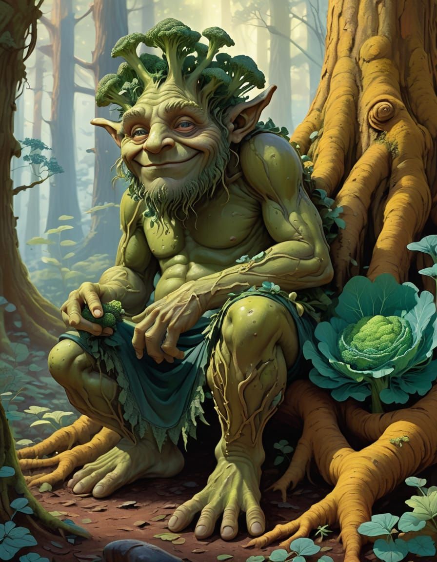 Emerald Green Broccoli Troll Seated Beside a Feline Companio...