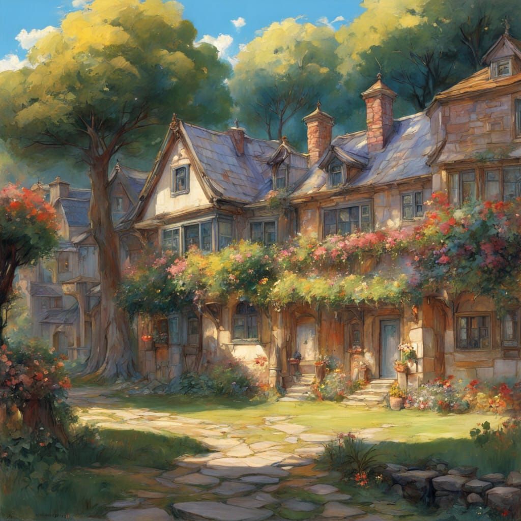 Luminous Row of Victorian Houses with Vibrant Flower Boxes