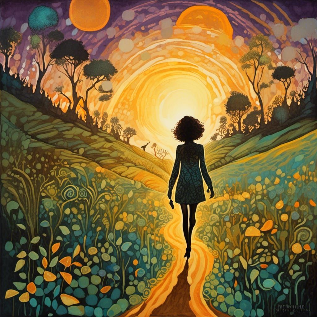 Woman Walking at Sunset in Watercolor Illustration