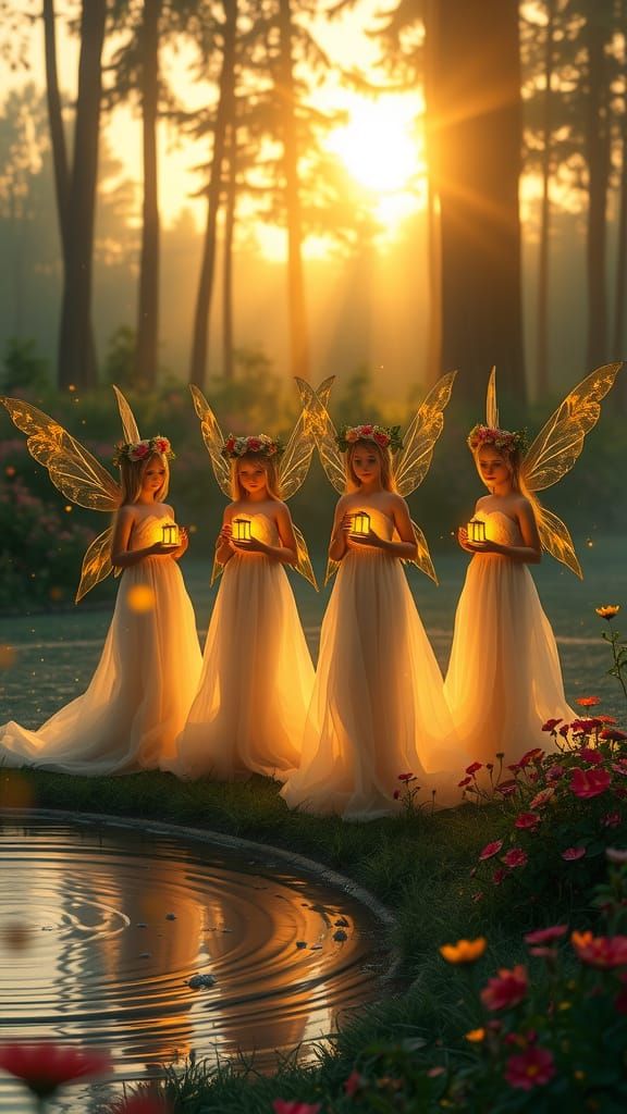 Glowing Fairies in Enchanted Forest Sunset