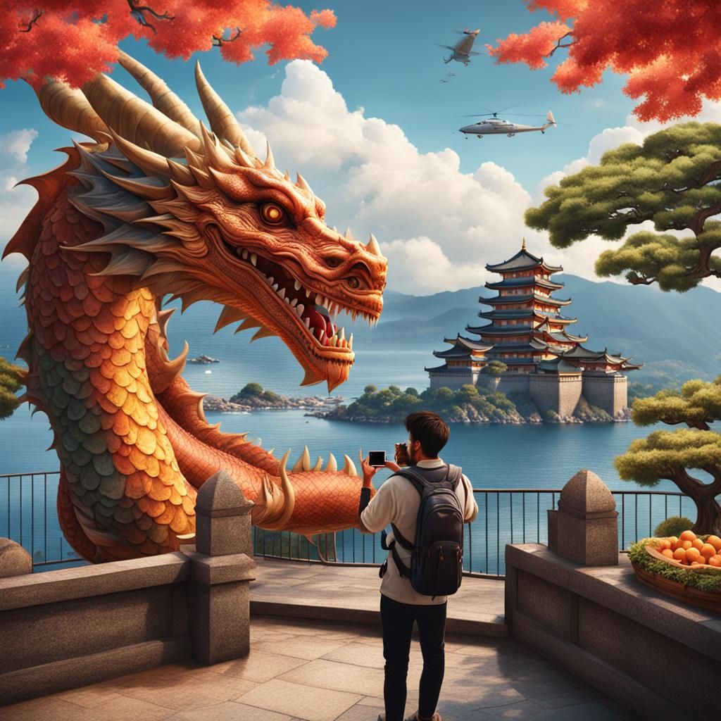 Knight's Selfie with Dragon on Miyajima Island