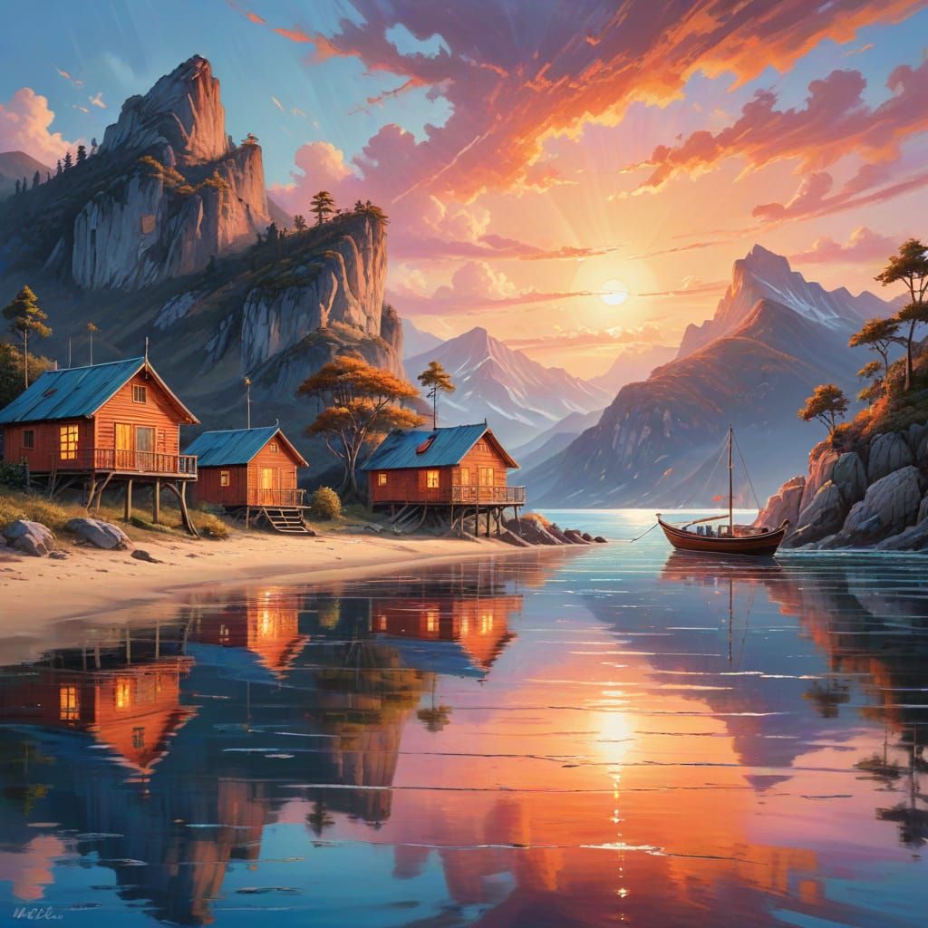 Dreamy Wooden Cabins Over Norwegian Fjord at Sunset