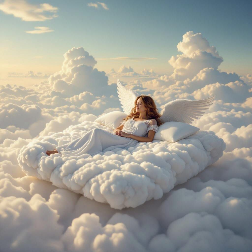 Angel Sleeping on Cloud Bed in Sky