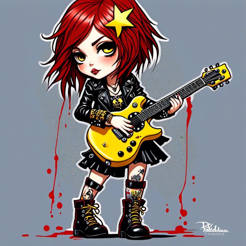Cute Chibi Rock Girl Cartoon with Guitar