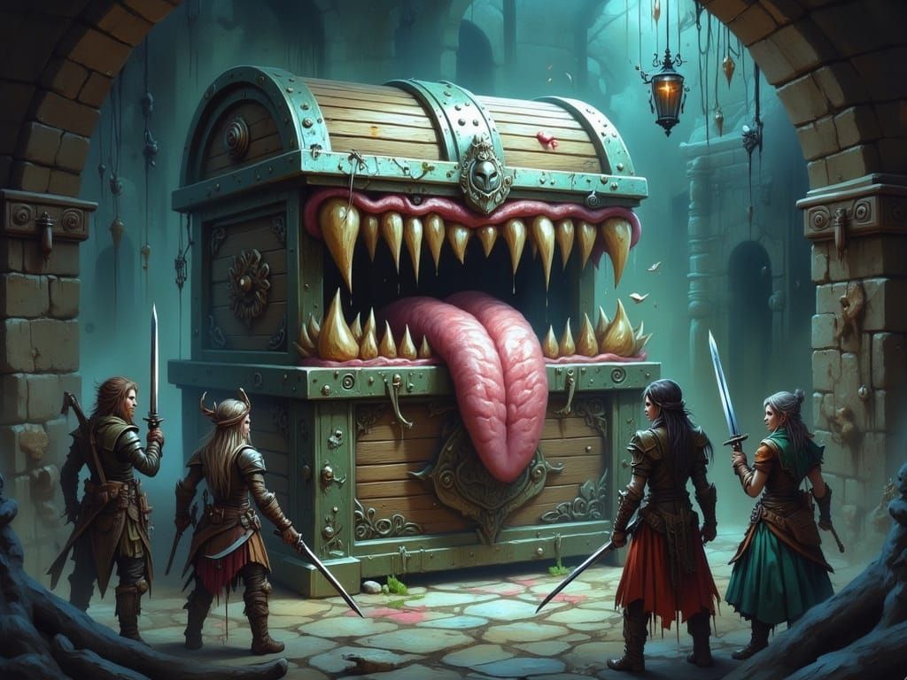 Epic Female Adventurers Confront Mimic Chest