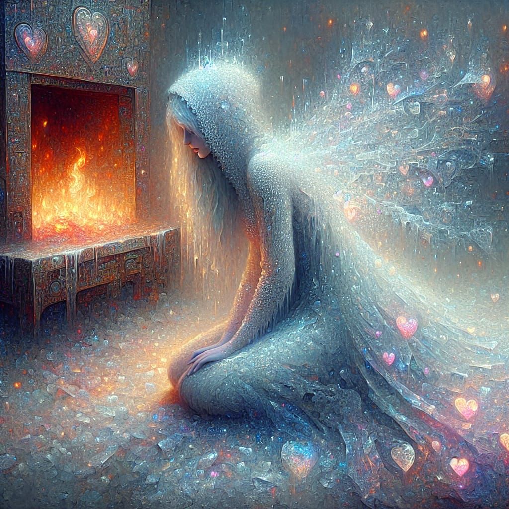 Ethereal Ice Maiden with Glowing Hearts: Digital Art