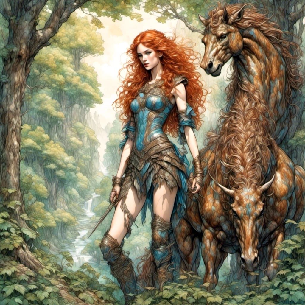 Fierce Female Centaur in Woodland Setting