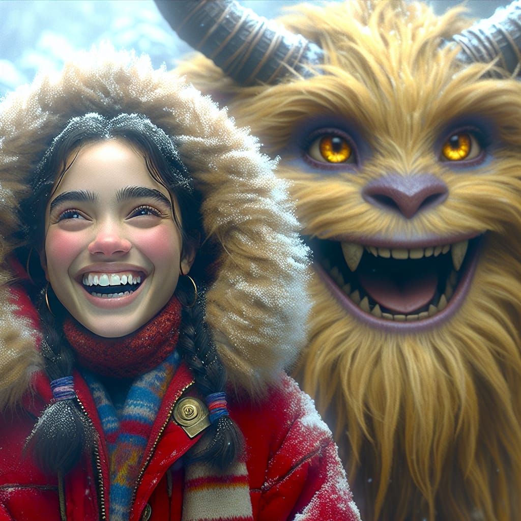 Whimsical Winter Companionship in Vibrant Realism