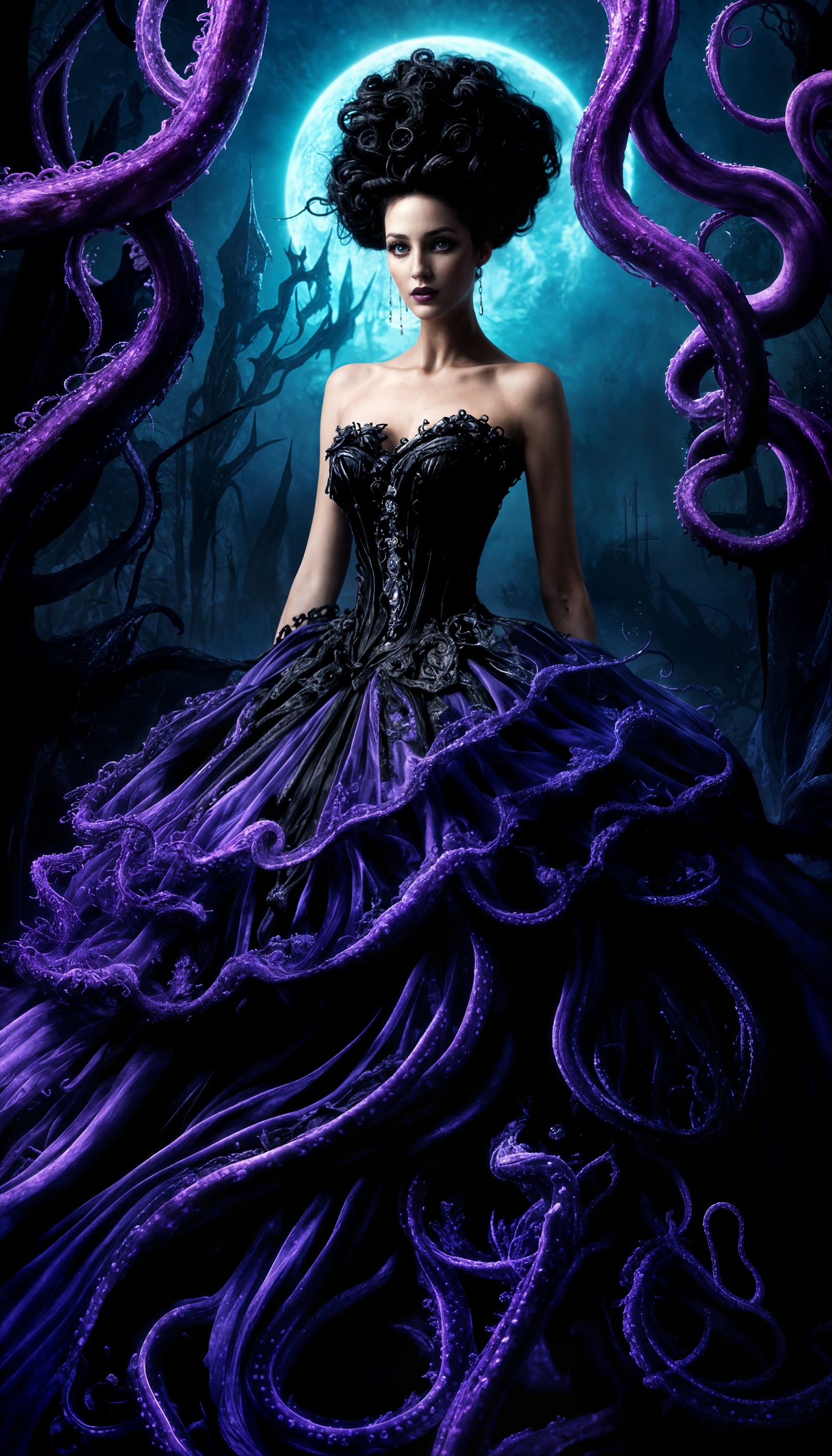 Intricate Bioluminescent Tentacle Ballgown in Eldritch Style