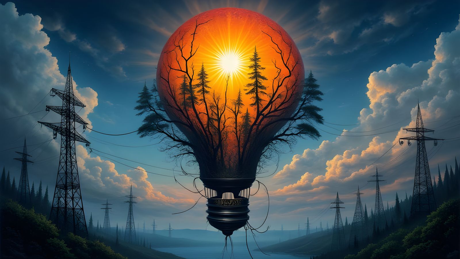 Surreal Hot Air Balloon in Rainbow Spiderweb