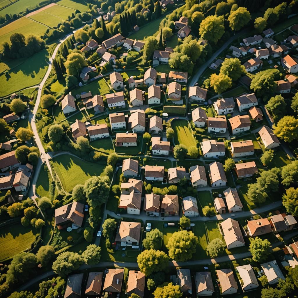 Aerial Village Landscape in Warm Sunlight