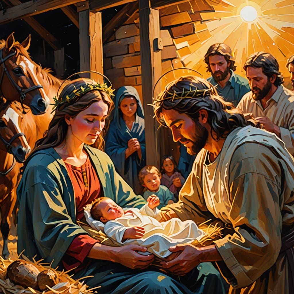 Baby Jesus Born in Stable Gouache Painting