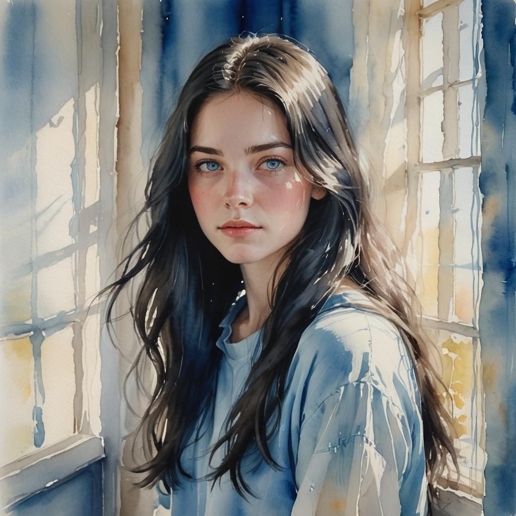 Watercolor Portrait of Girl with Black Hair