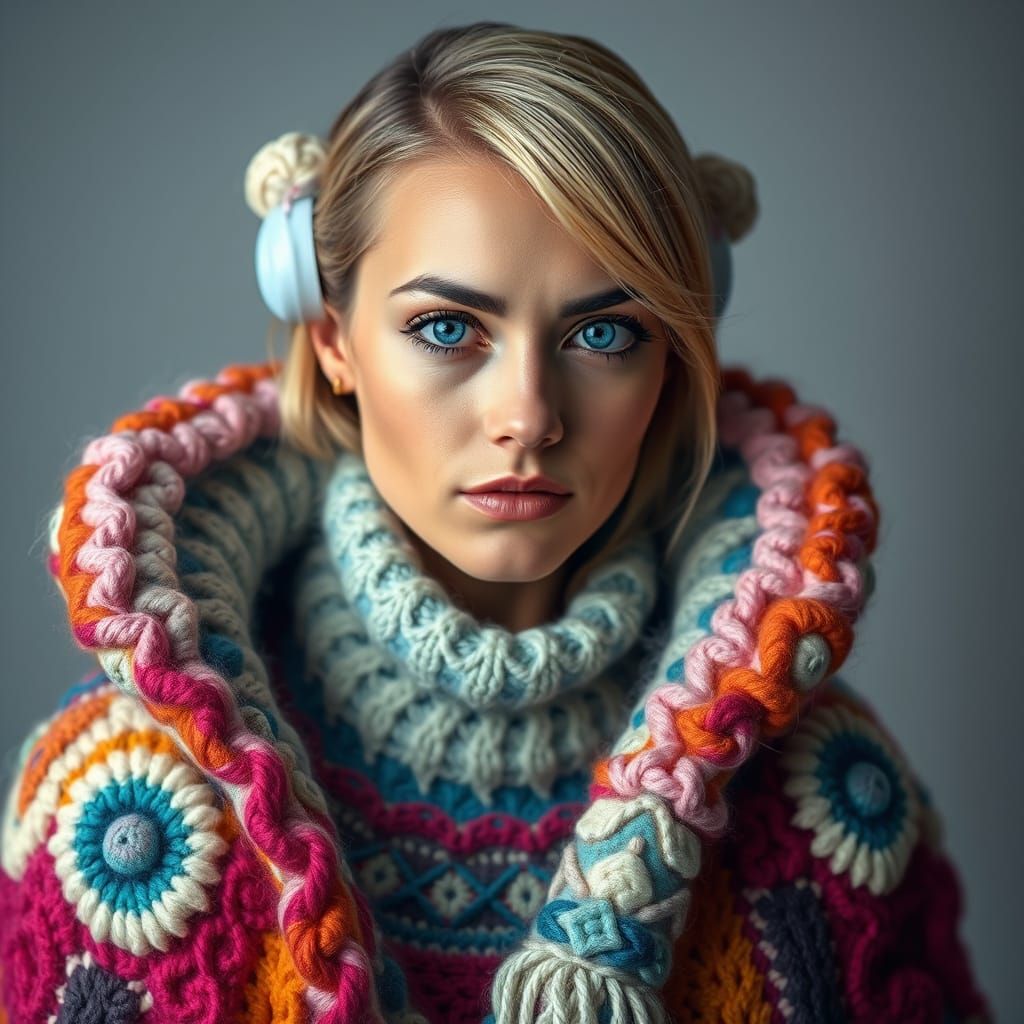 Woman in Woolen Clothing with Futuristic Design
