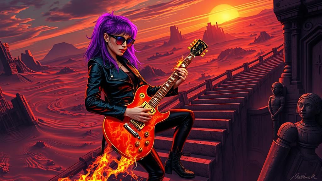 Cyberpunk Guitarist in Surreal Desert Landscape