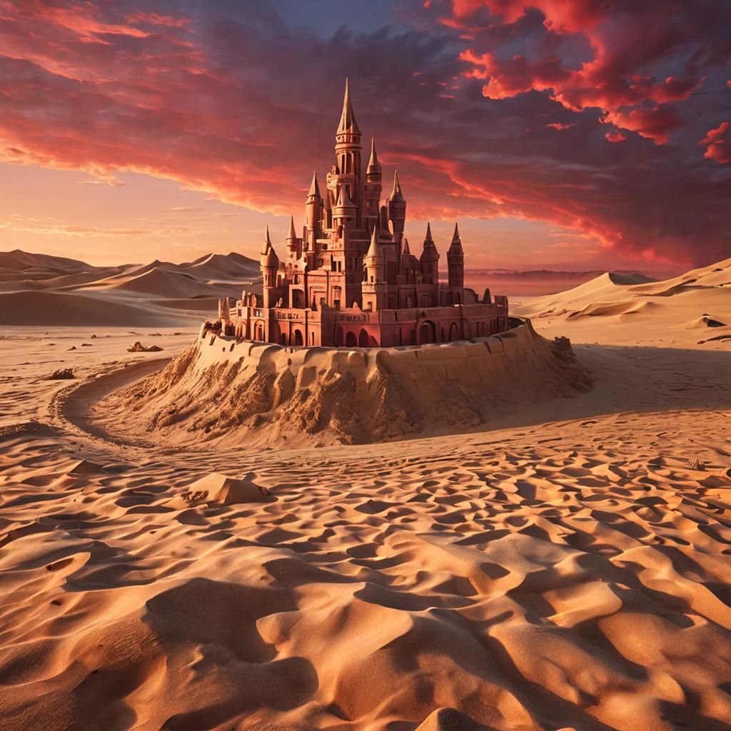 Holographic Sand Castle in Crimson Desert Sunset