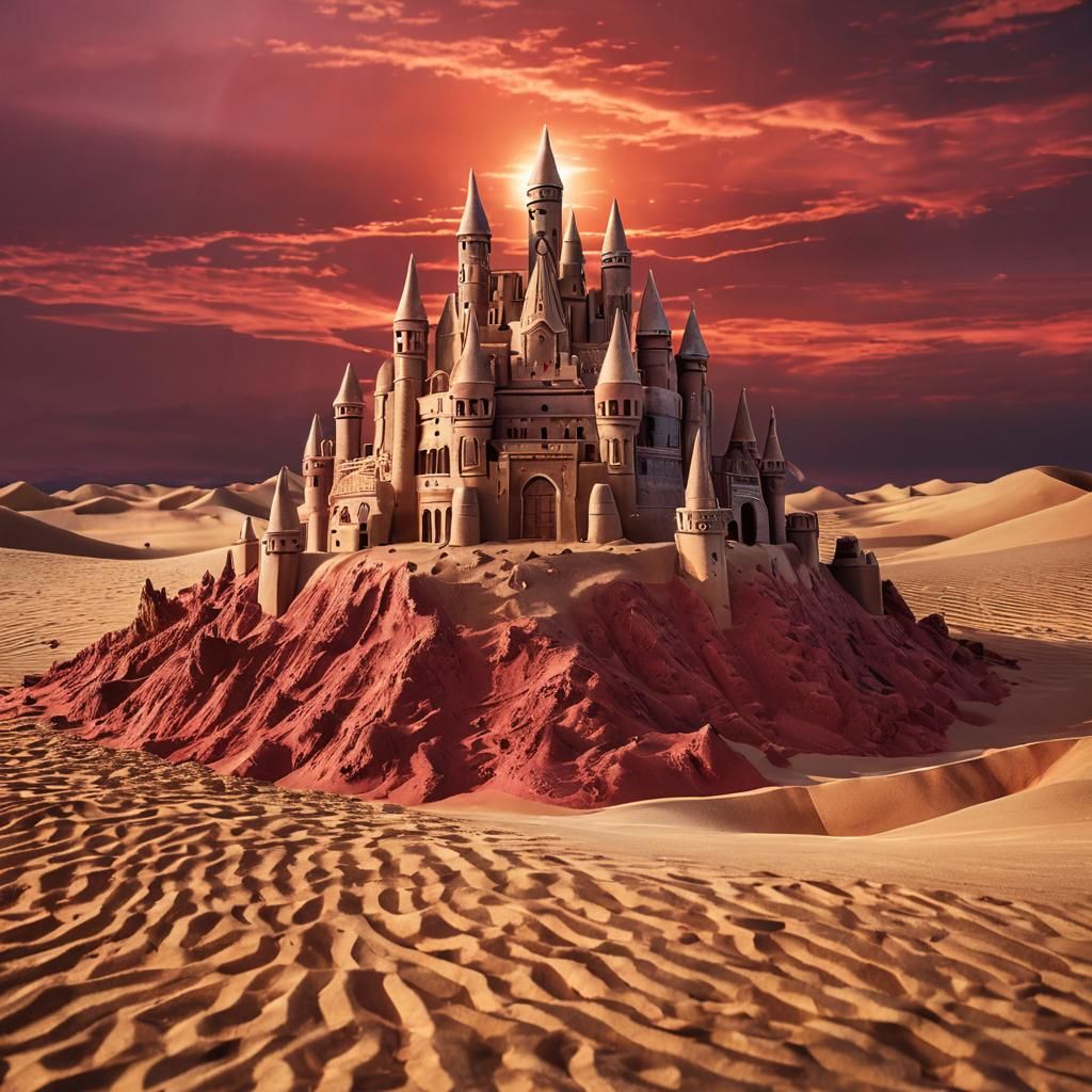 Holographic Sand Castle in Crimson Desert Sunset