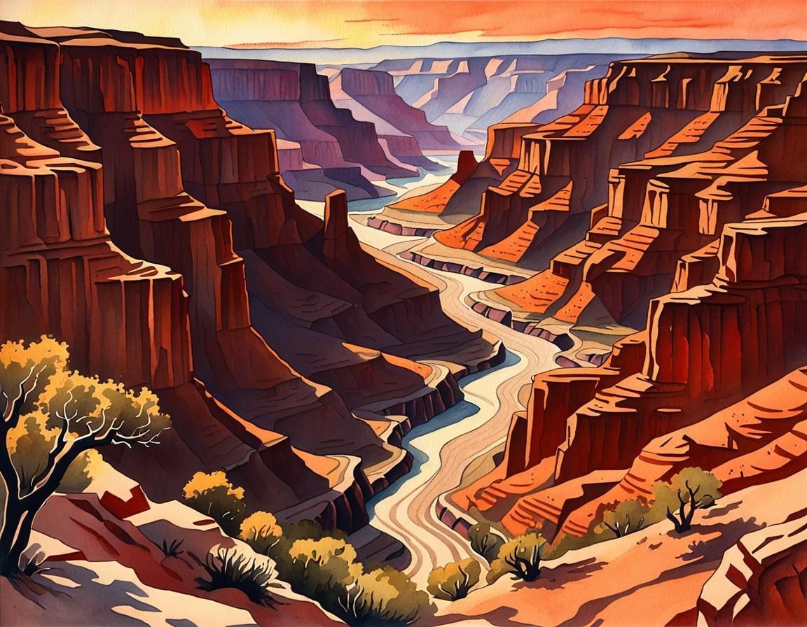 Desert Canyon Sunset: Early 20th Century Watercolor Landscap...