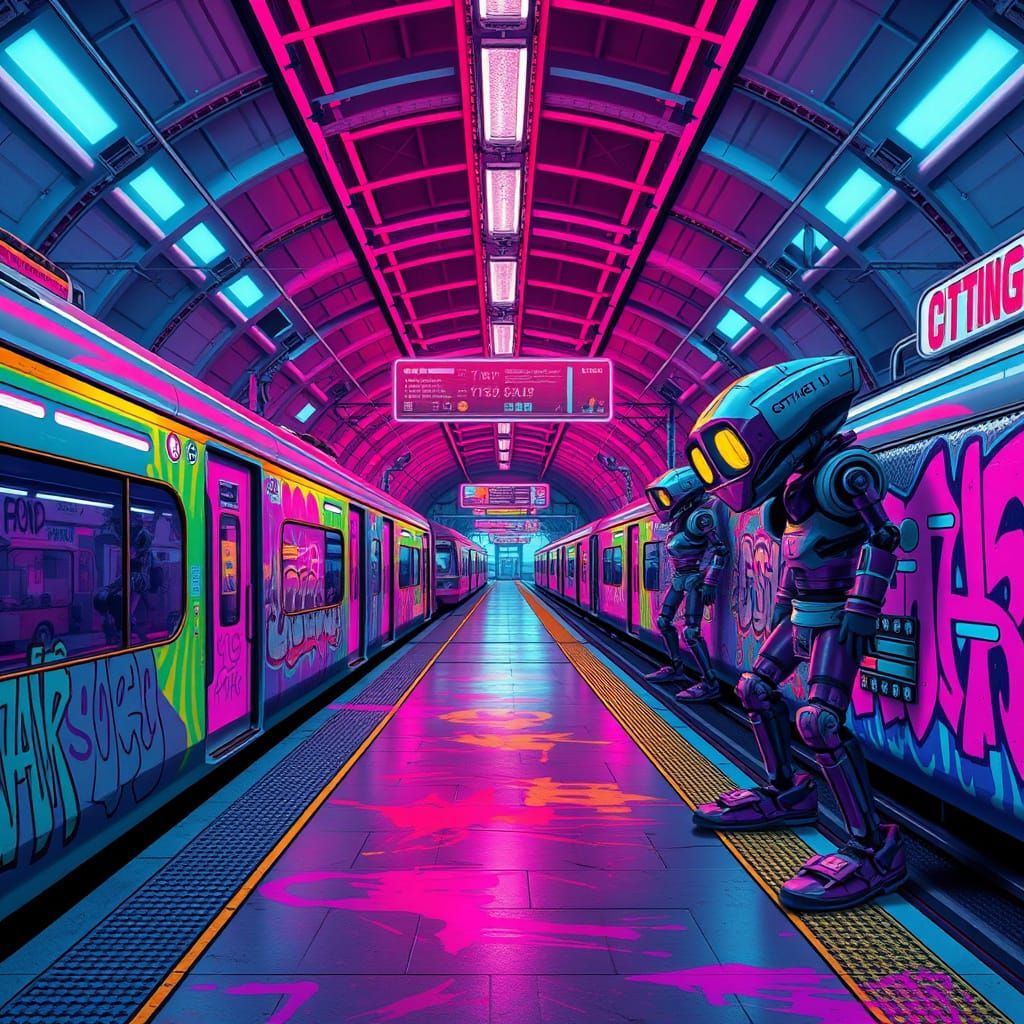 Futuristic Train Station with Neon Trains and Robot Graffiti