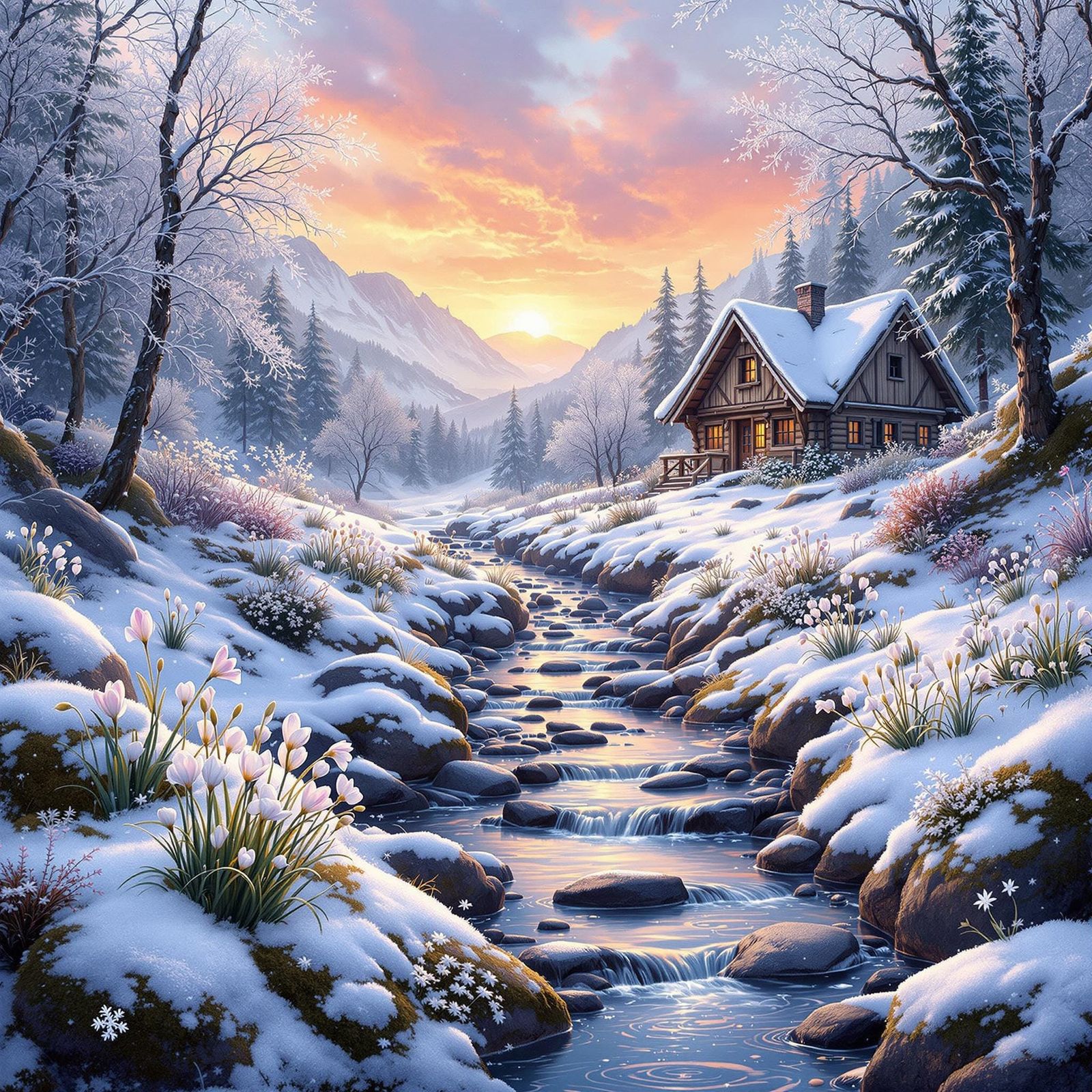 Whimsical Winter Wonderland Scene in Dreamy Airbrush Style