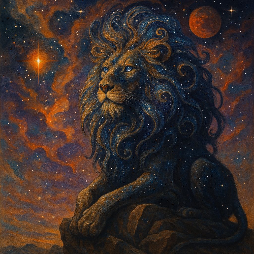 Galactic Lion Overlooking Nebula in Surrealist Style