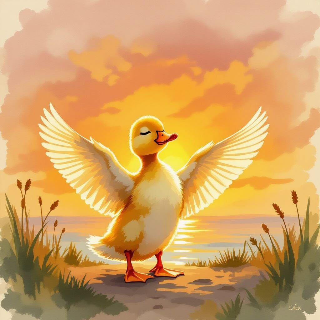 Dancing Duckling at Sunset in Watercolor Style