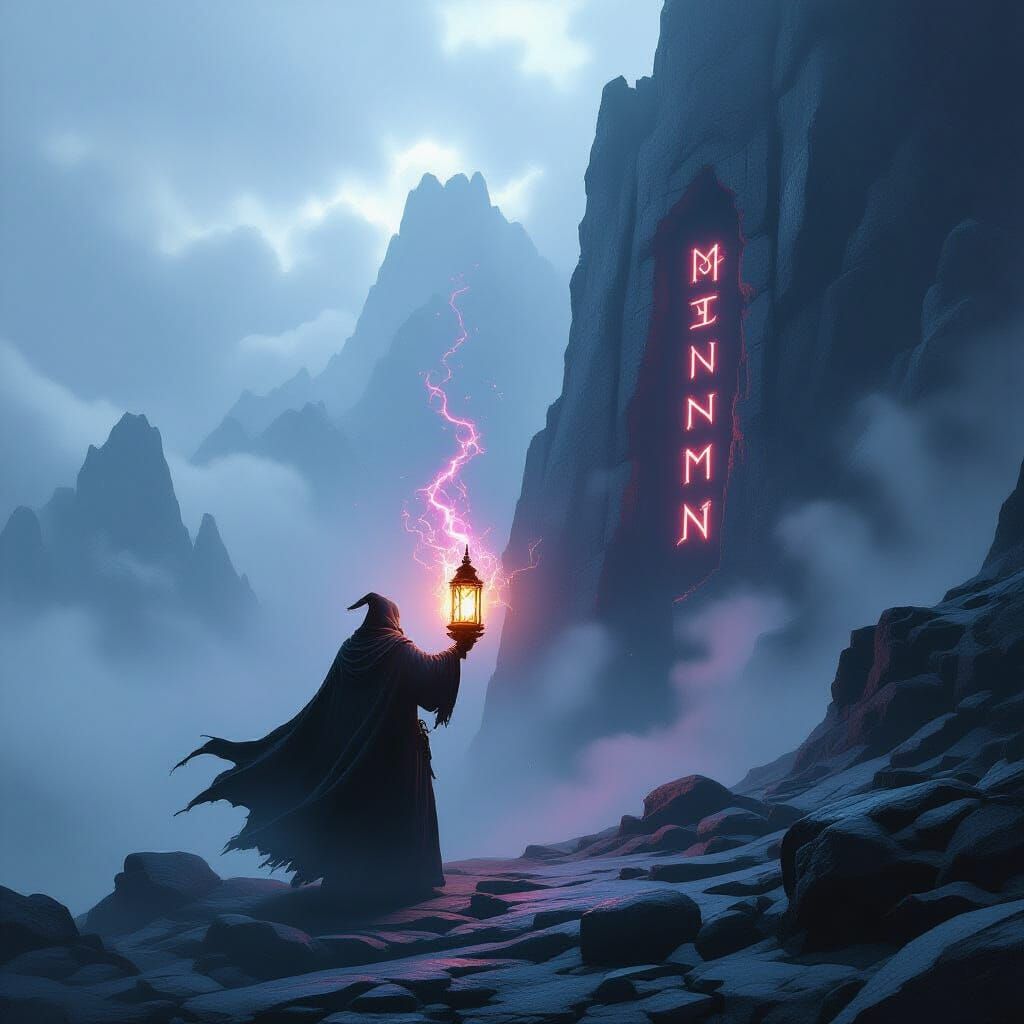 Arcane Wizard on Misty Peak with Neon Lantern