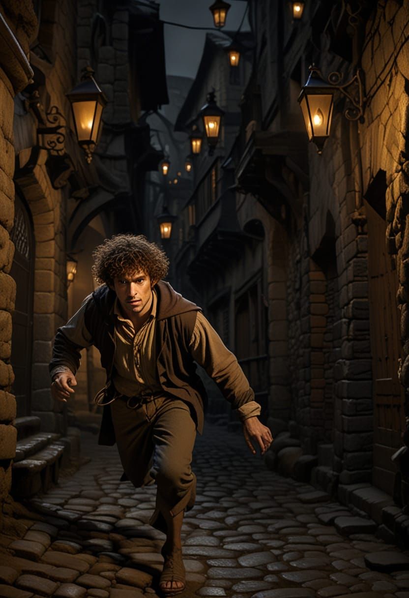 Hobbit Flees Black Rider in Gothic Alley