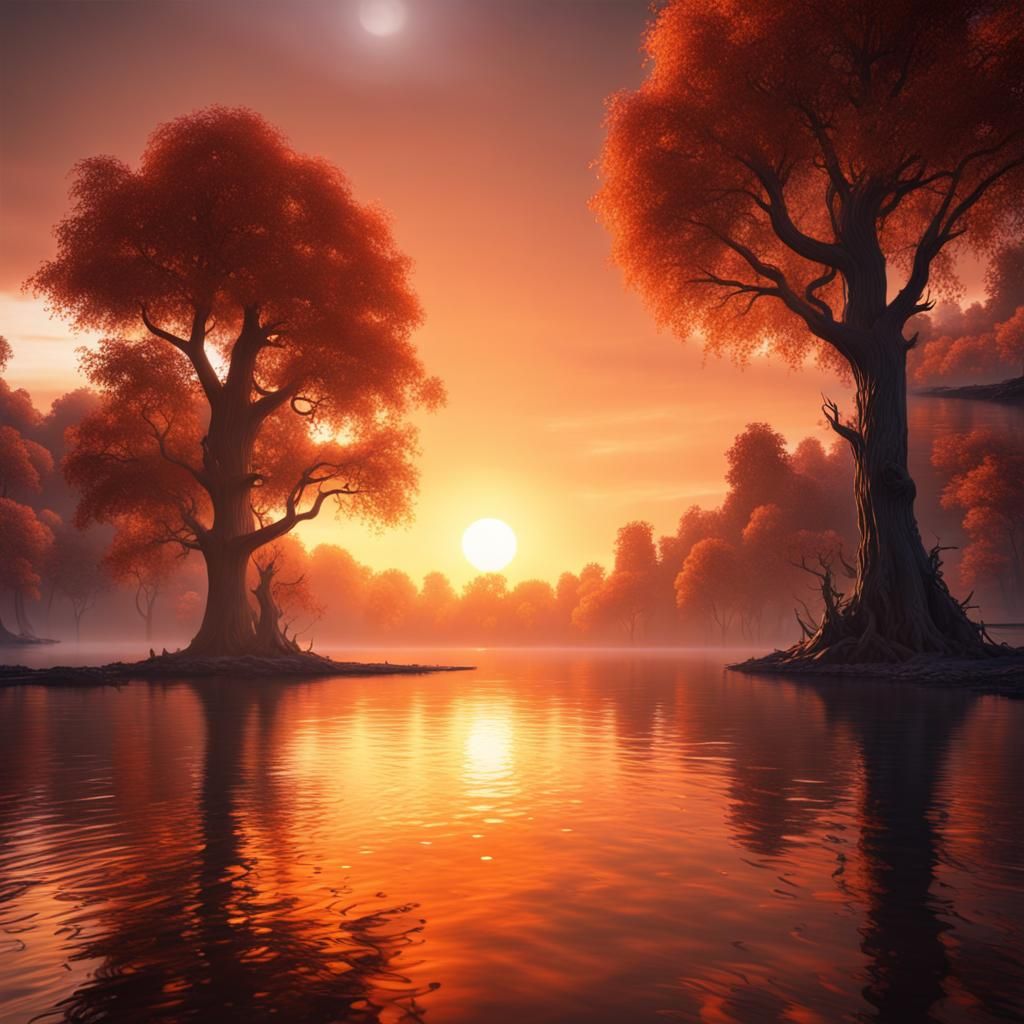 Orange Sunrise Over Lake: Fantasy Concept Art