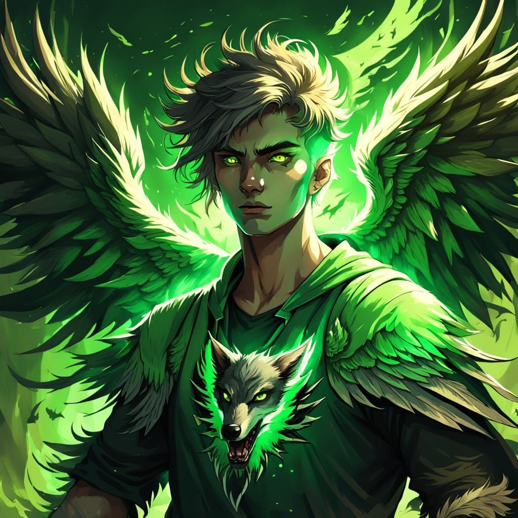 Mythical Wolf Boy with Green Tunic and Angelic Demonic Wings