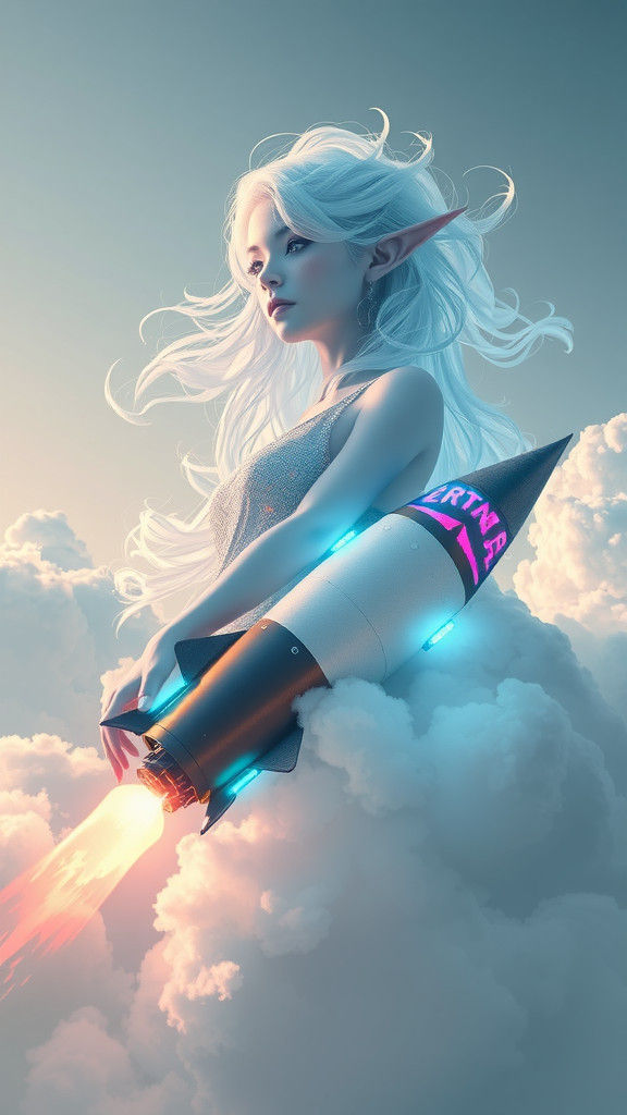 Ethereal Cloud Woman Protects Neo-Futuristic Rocket