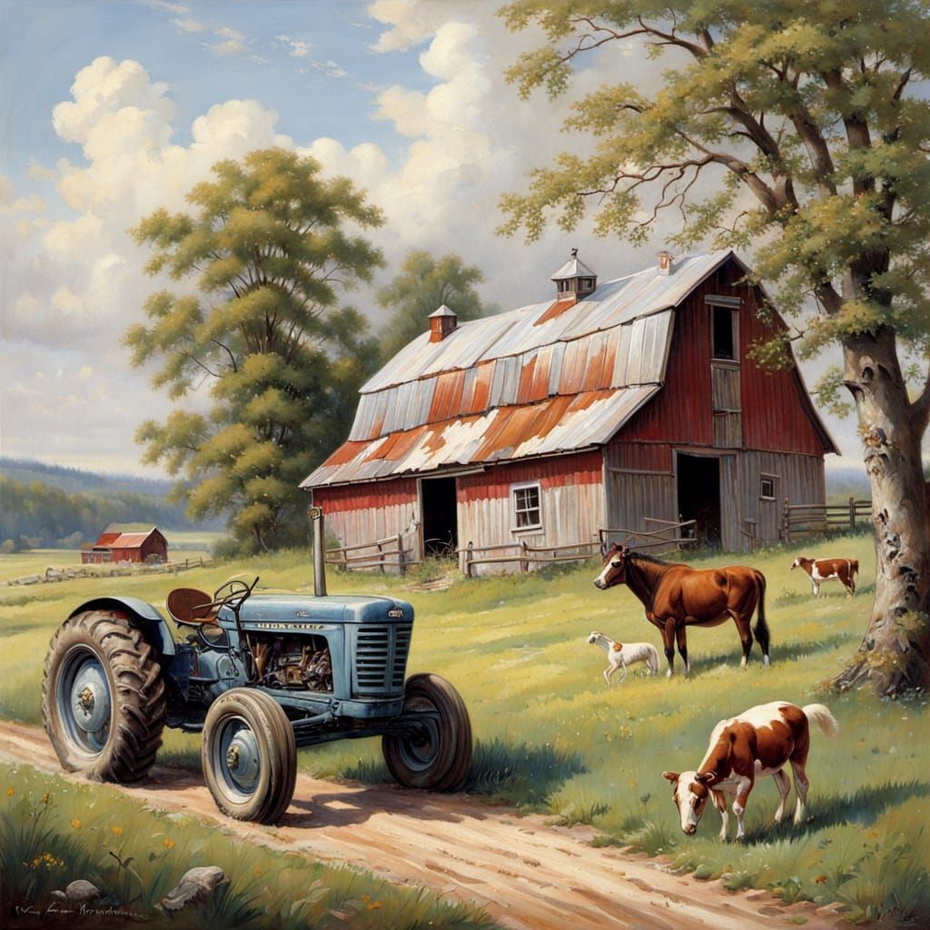 Bucolic Farm Scene in Vibrant Oil Paint Style